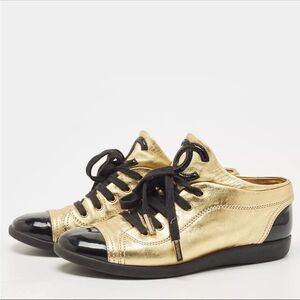Chanel Karl Lagerfeld Gold/Black Patent And Leather Cap Toe Sneakers Size 38.5